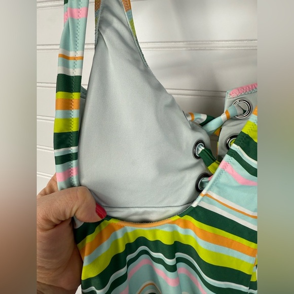 Aerie women’s one piece striped swimsuit with front tie lacing. Size XS - Picture 5 of 7
